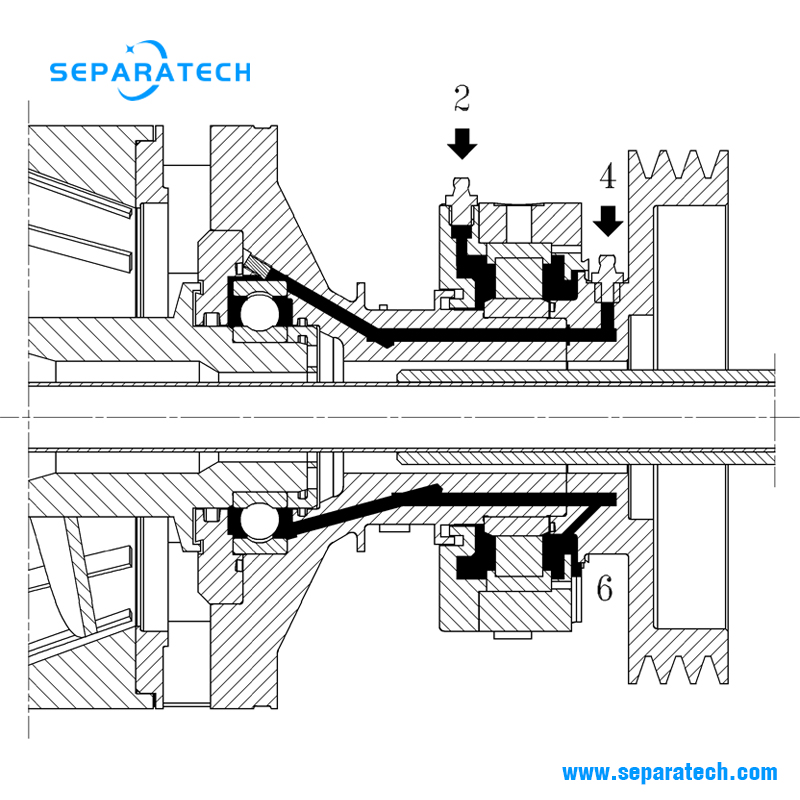 Decanter centrifuge lubrication for scroll conveyor bearings